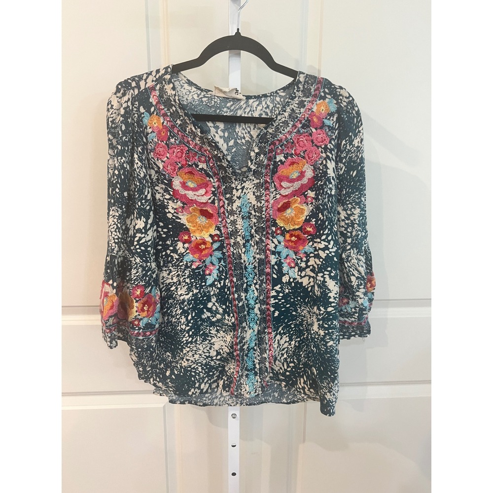 Savanna Jane Womens Small Teal Floral Embroidered Boho Bell Sleeve Blouse